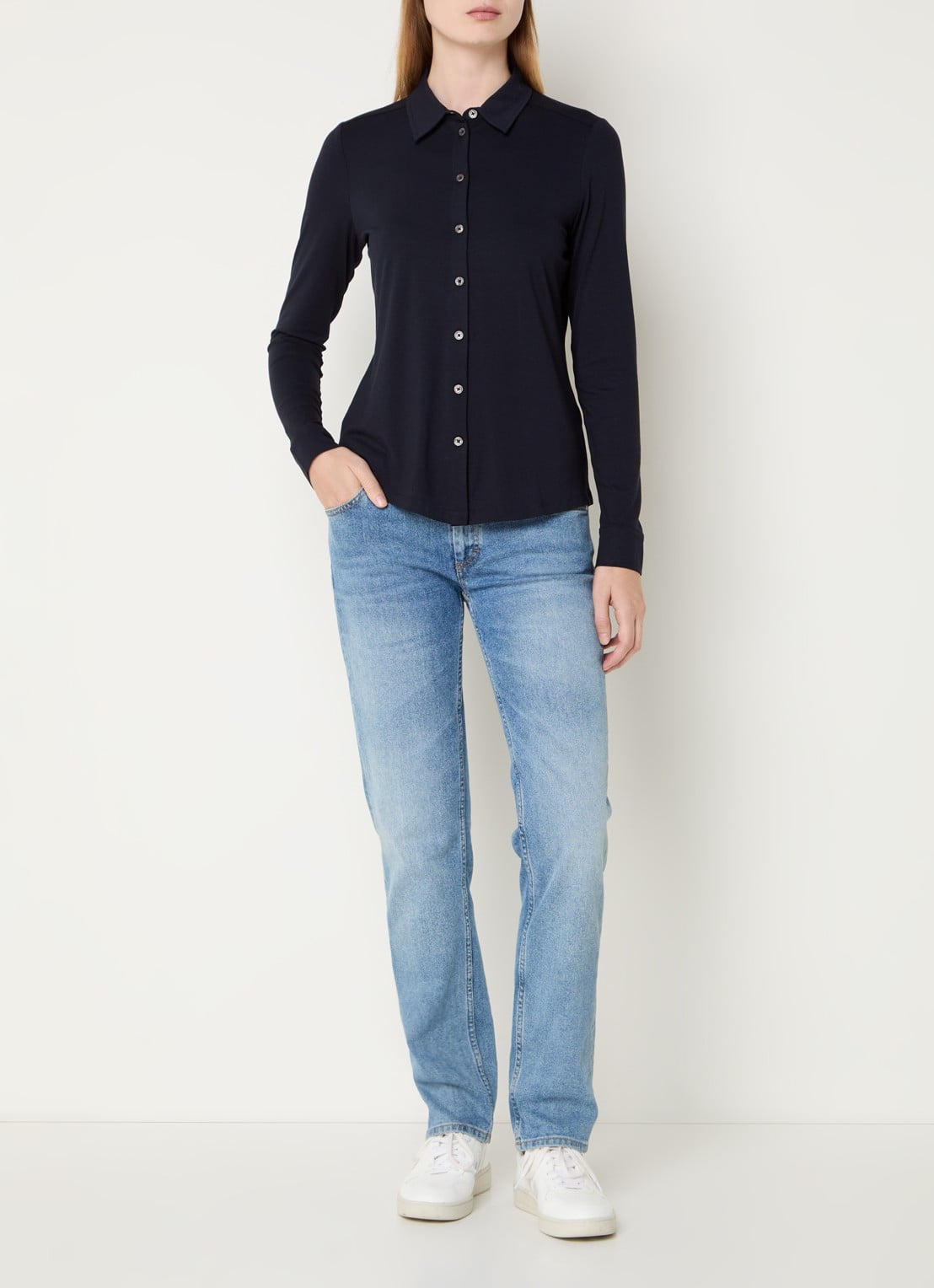 Marc O'Polo Blouse van jersey met stretch - voorkant 4 donkerblauw