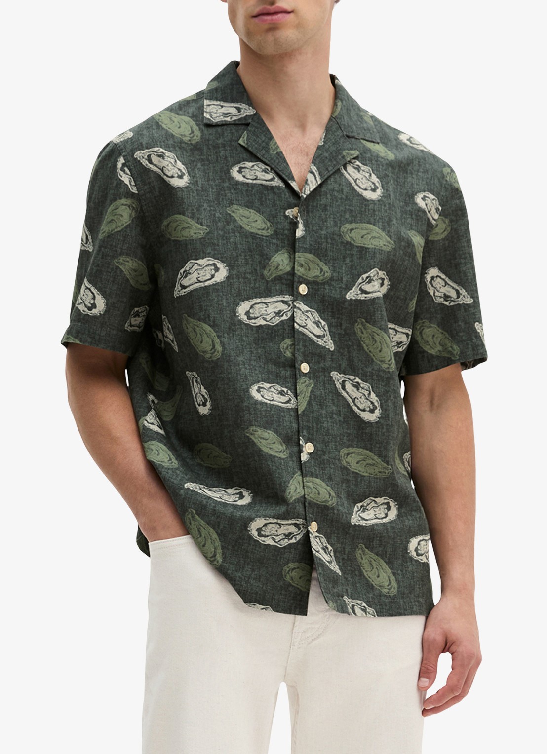 Marc O'Polo Blouse van katoen en linnen met print - detail 4 dark green_multi_05-3062 / groen