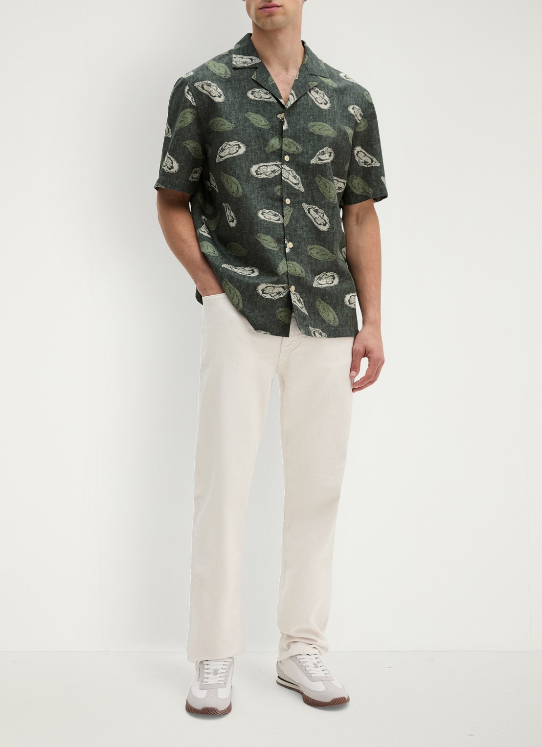 Marc O'Polo Blouse van katoen en linnen met print - voorkant 3 dark green_multi_05-3062 / groen