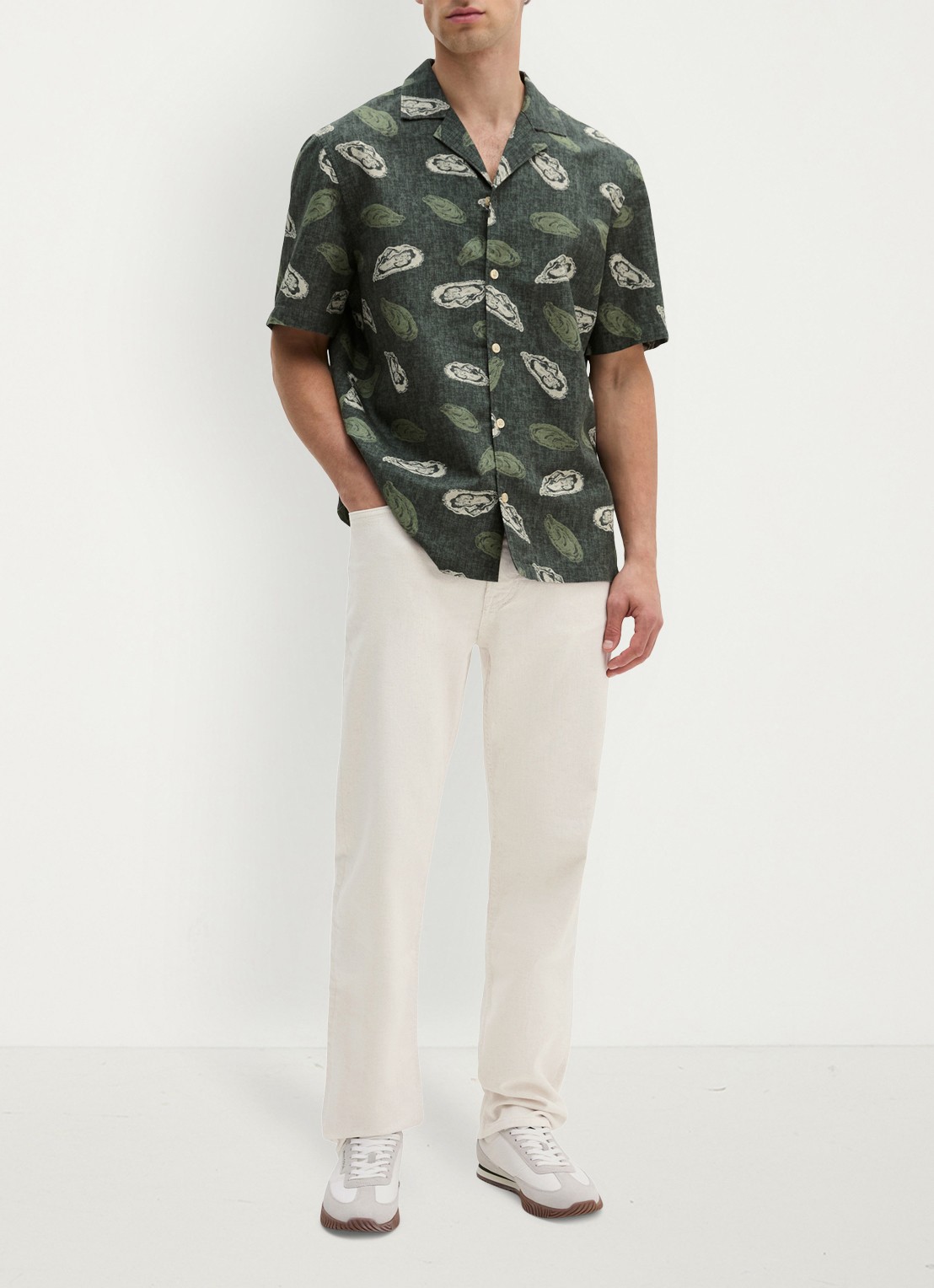 Marc O'Polo Blouse van katoen en linnen met print - voorkant 4 dark green_multi_05-3062 / groen