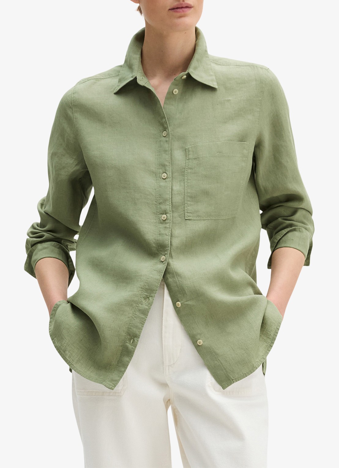 Marc O'Polo Blouse van linnen met borstzak - detail 4 lindegroen