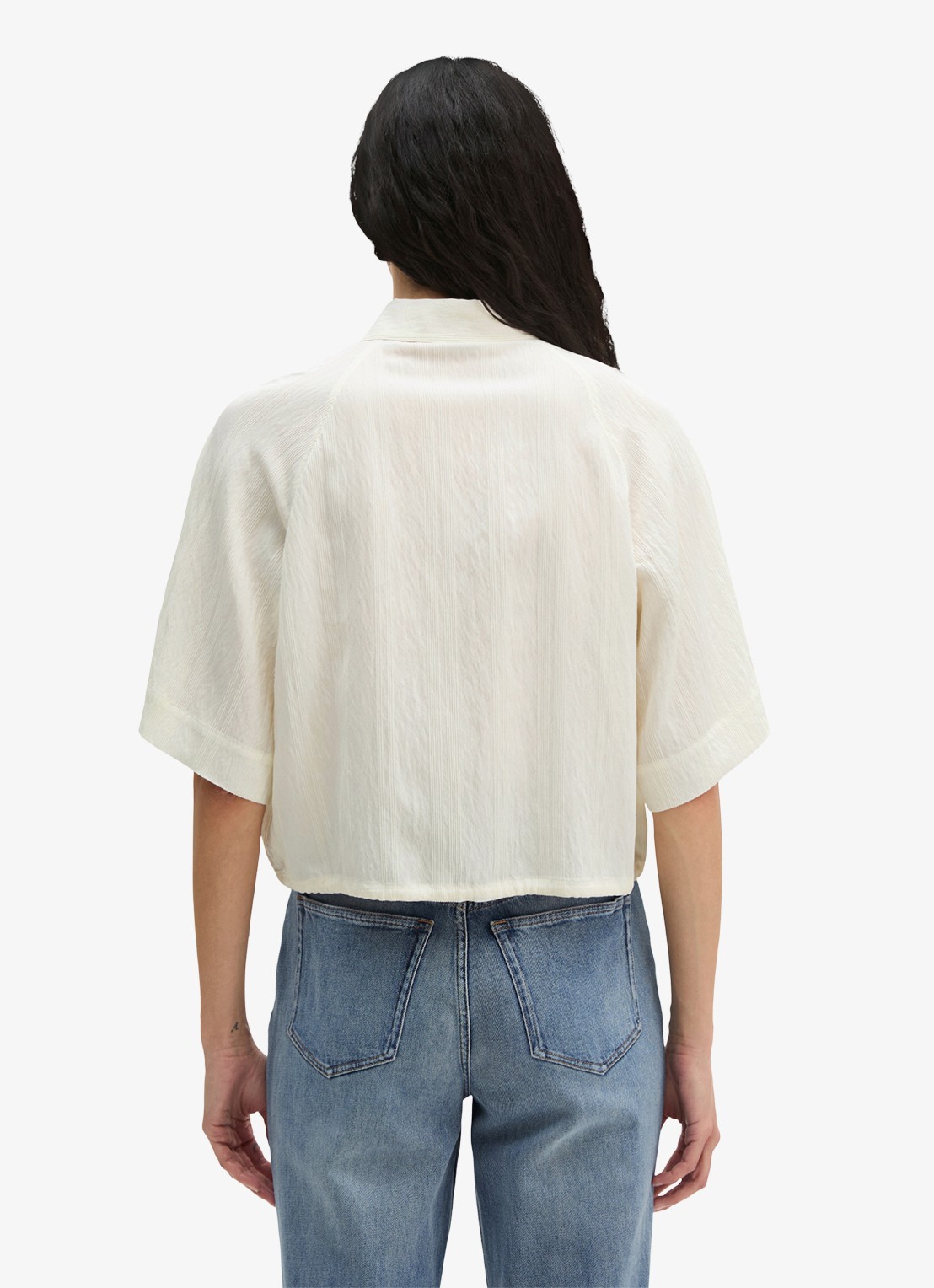Marc O'Polo Cropped blouse met korte mouw en strik detail - achterkant 5 white multi 01 / wit