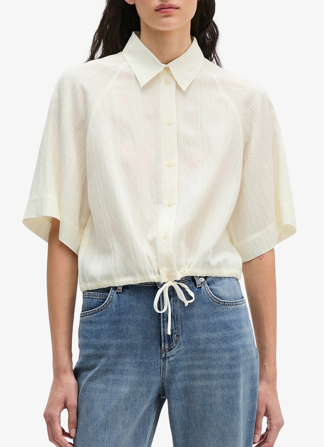 Marc O'Polo Cropped blouse met korte mouw en strik detail - detail 3 white multi 01 / wit