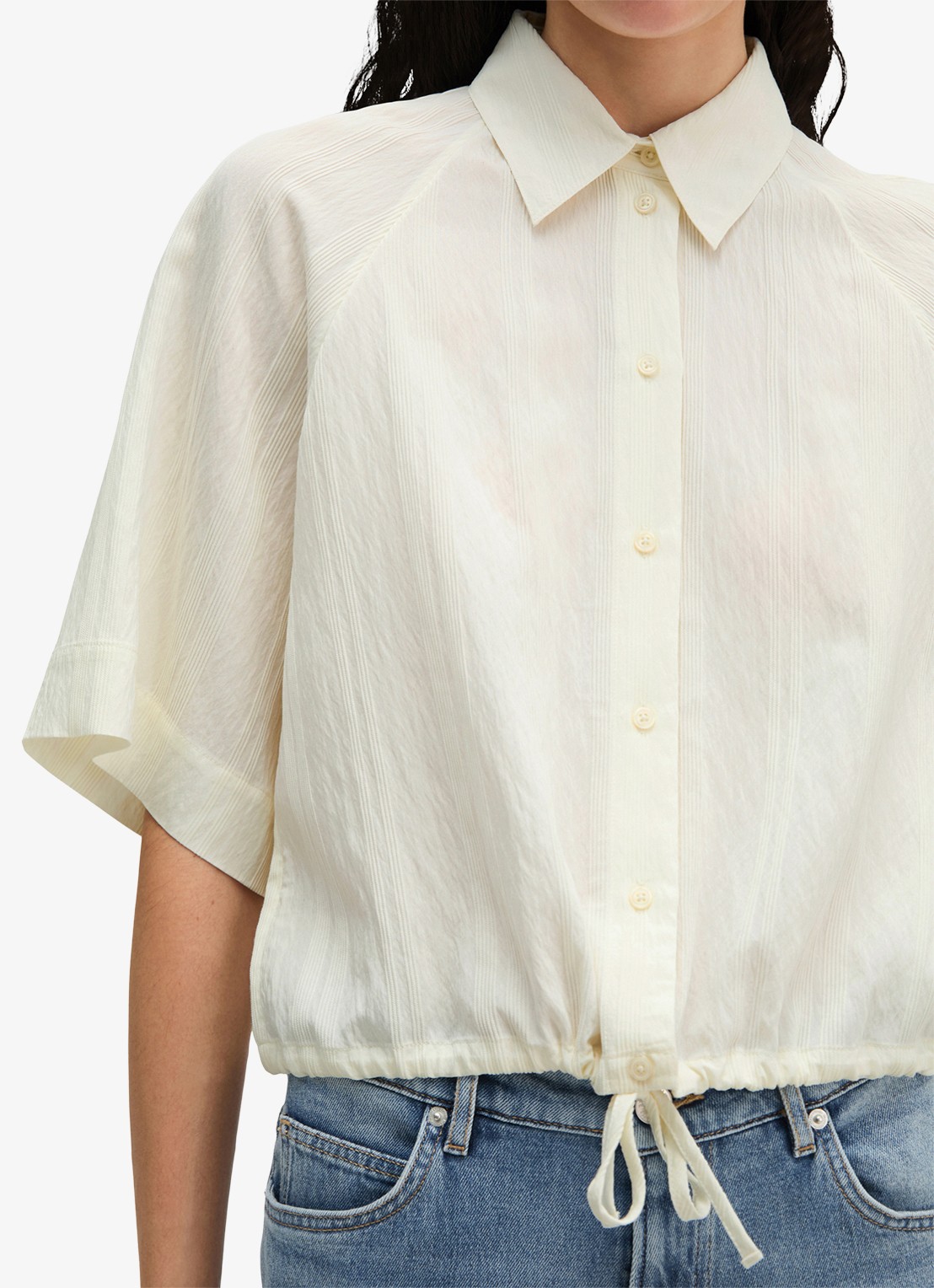 Marc O'Polo Cropped blouse met korte mouw en strik detail - detail 4 white multi 01 / wit