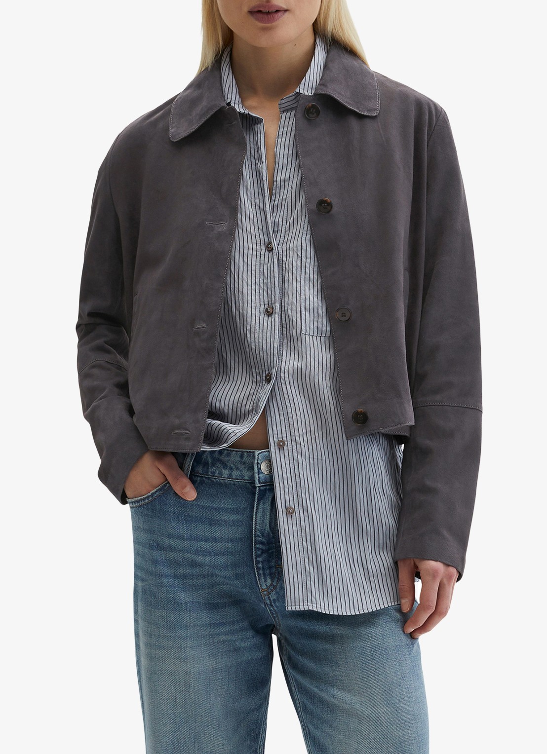 Marc O'Polo Cropped jack met steekzakken - detail 2 donkergrijs