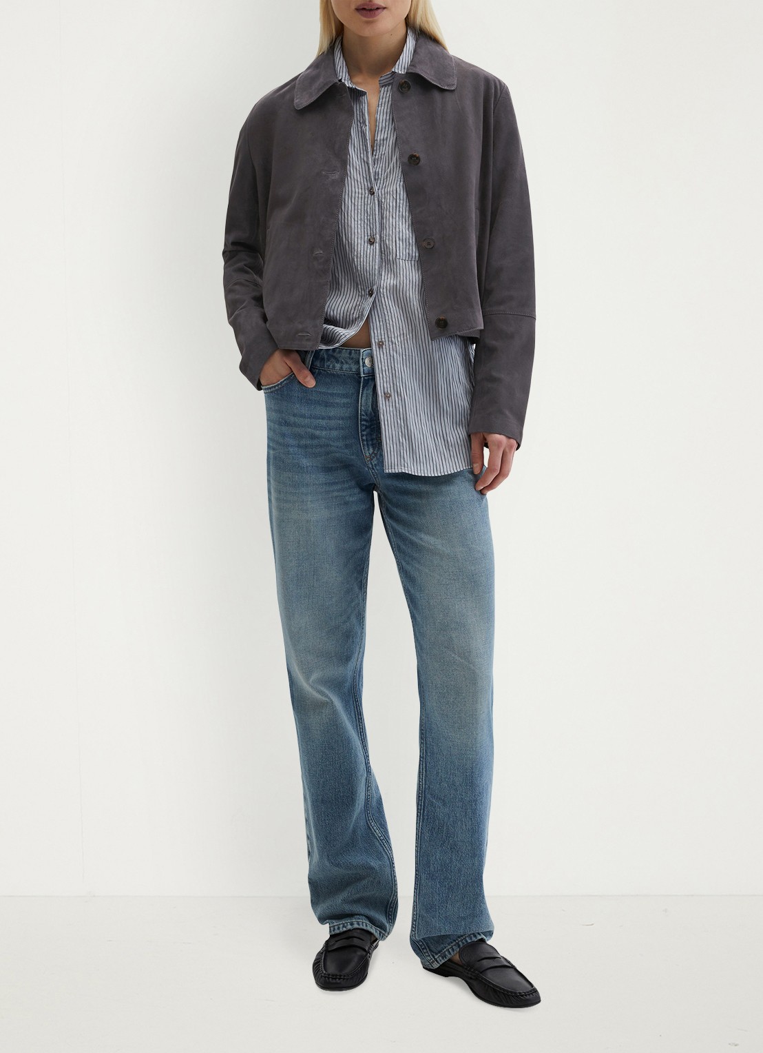 Marc O'Polo Cropped jack met steekzakken - voorkant 5 donkergrijs