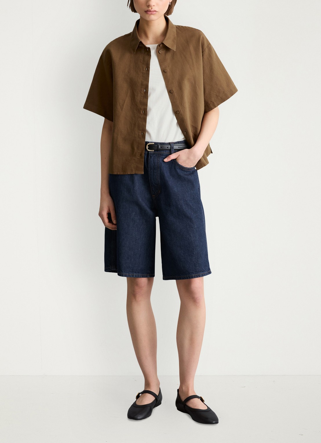 Marc O'Polo Denim Blouse in linnenblend - voorkant 3 umbra brown-1624 / bruin
