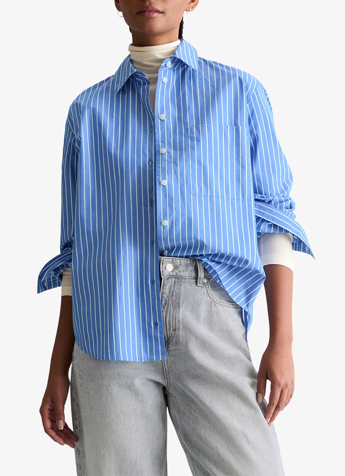 Marc O'Polo Denim Blouse met streepprint en borstzak - detail 4 blauw