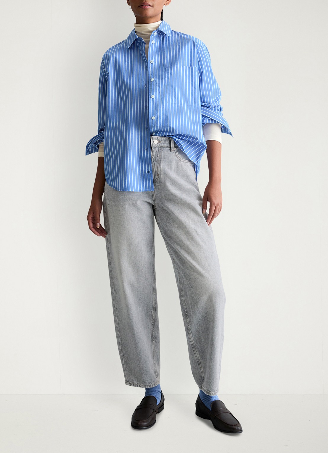 Marc O'Polo Denim Blouse met streepprint en borstzak - voorkant 3 blauw