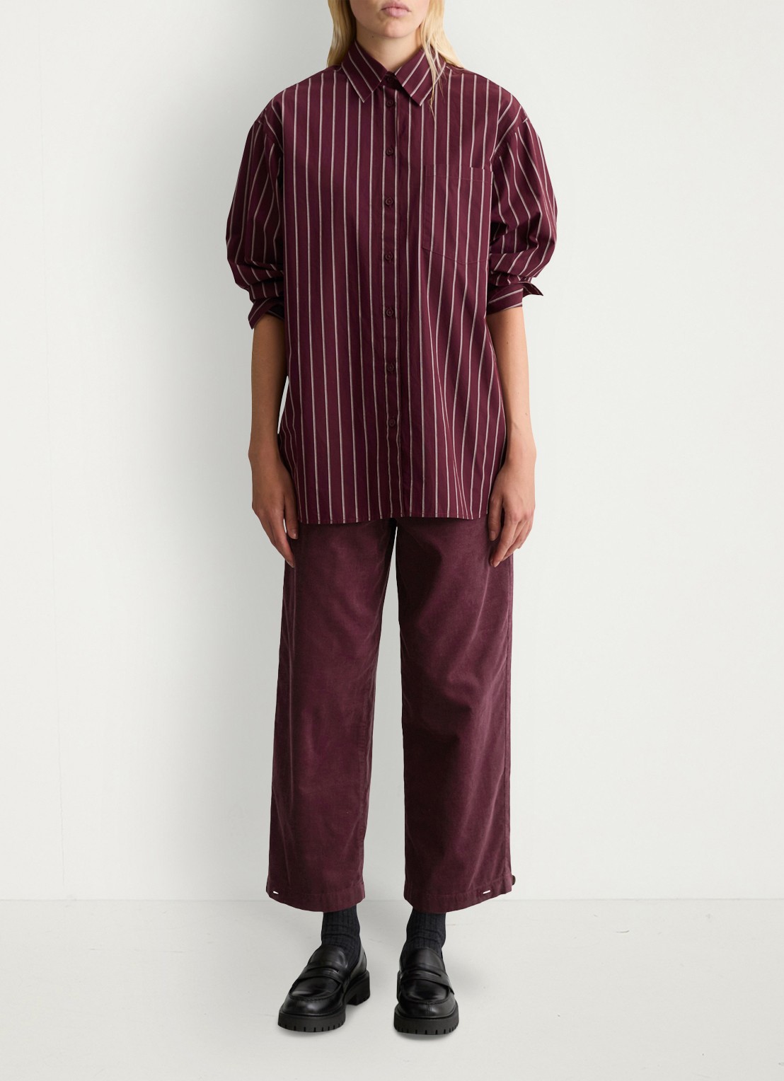 Marc O'Polo Denim Blouse met streepprint - voorkant 3 donkerrood