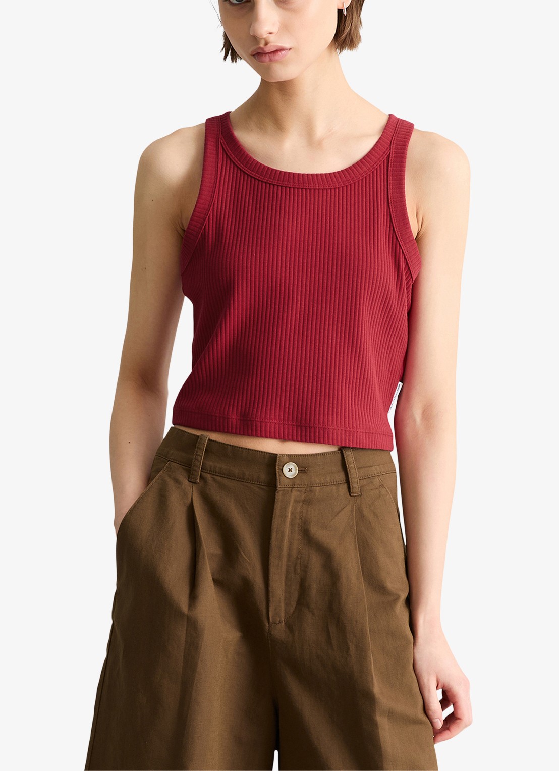 Marc O'Polo Denim Cropped tanktop met ribstructuur - detail 4 vivid cherry-6882 / rood