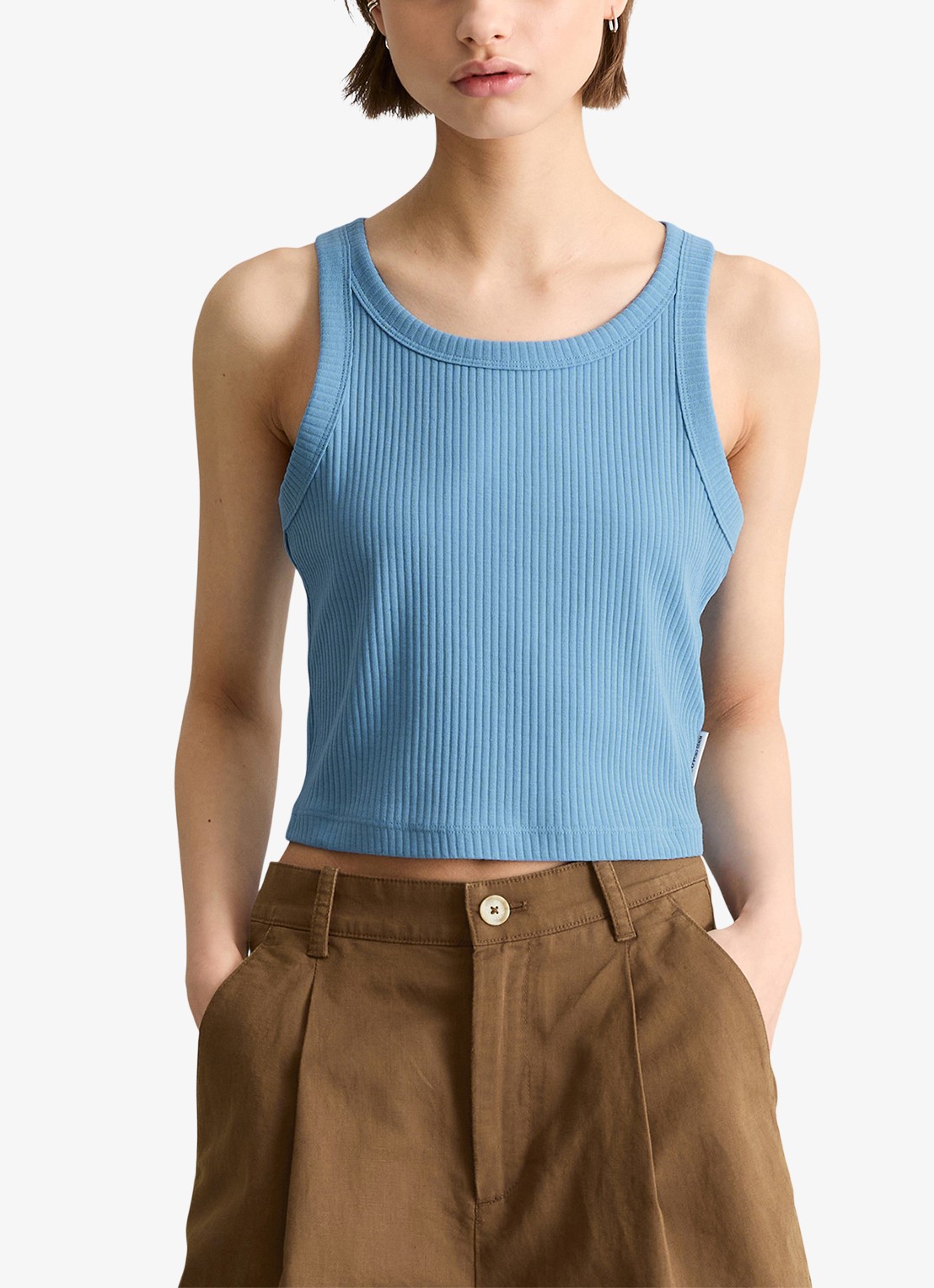 Marc O'Polo Denim Cropped tanktop met ribstructuur - detail 3 blauw