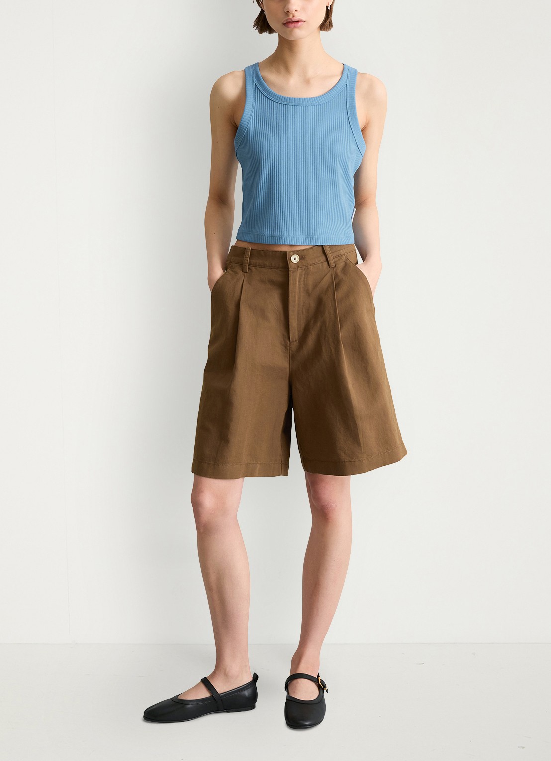 Marc O'Polo Denim Cropped tanktop met ribstructuur - voorkant 2 blauw