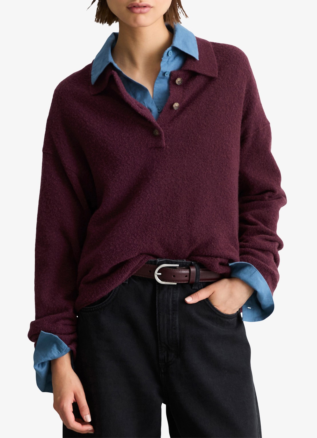 Marc O'Polo Denim Fijngebreide trui met polokraag - detail bordeauxrood