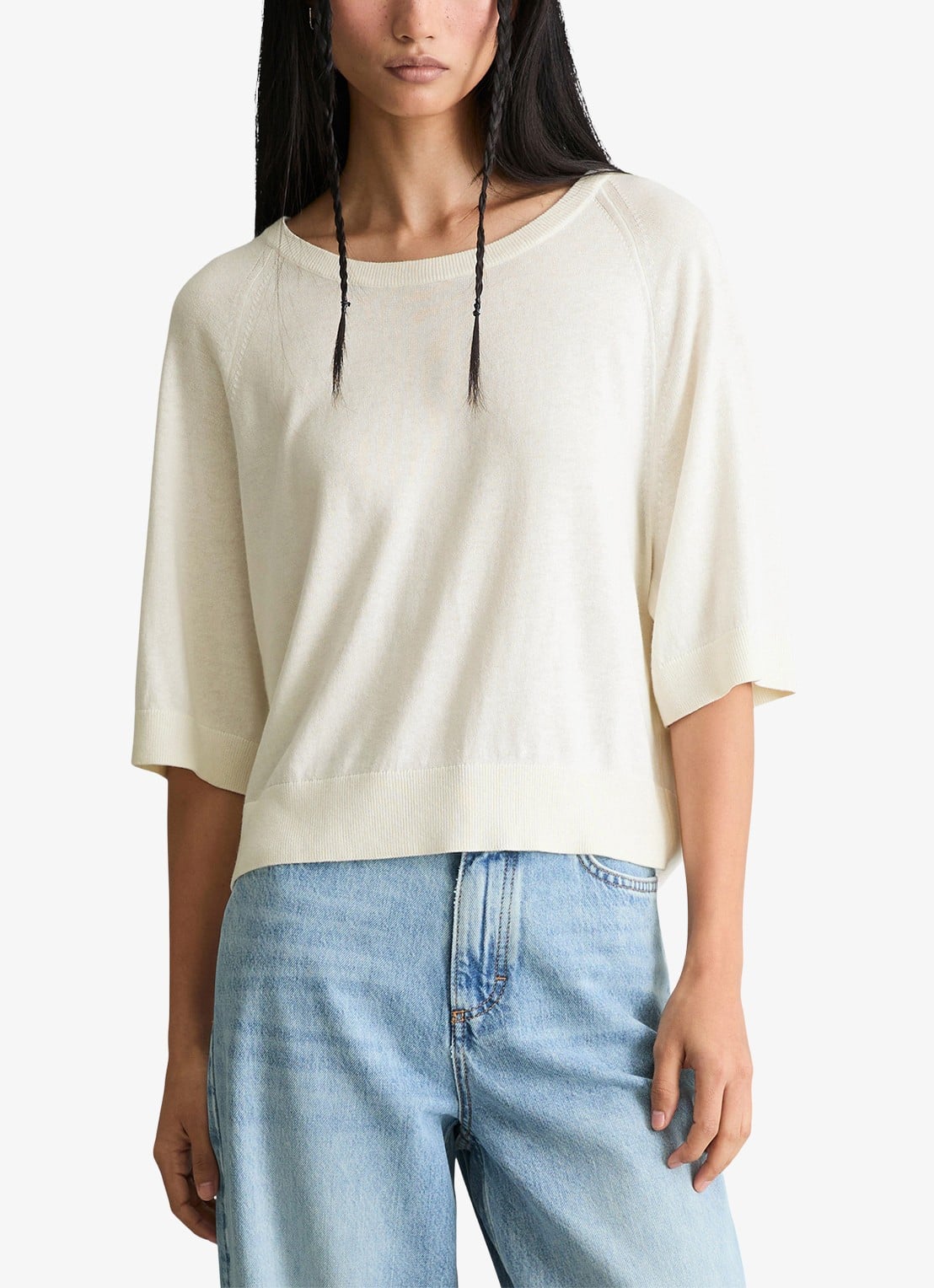 Marc O'Polo Denim Fijngebreide trui met vleermuis mouw - detail creamy white-1173 / wit