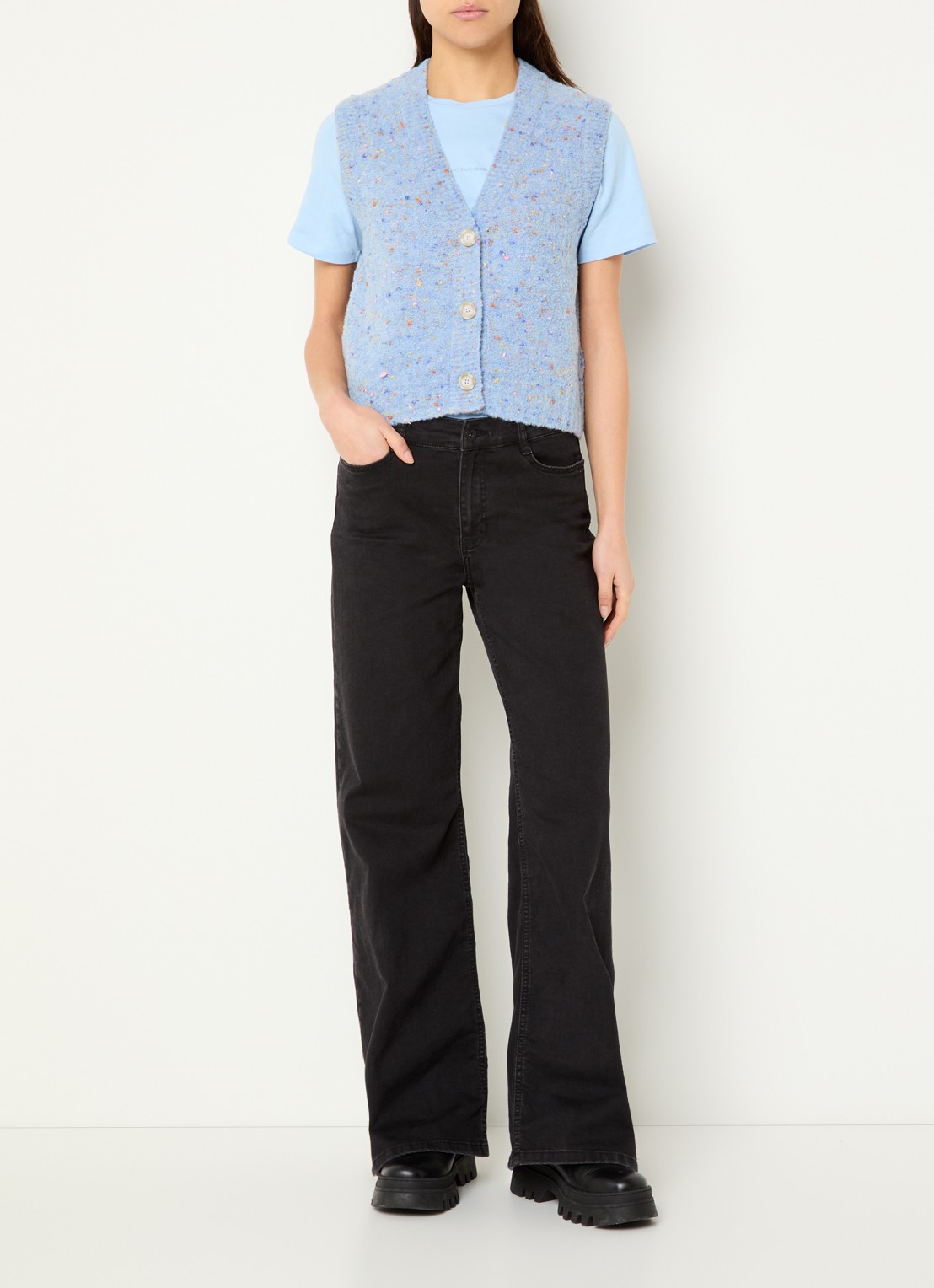 Marc O'Polo Denim Grofgebreid gilet in scheerwolblend - voorkant 3 blauwgrijs
