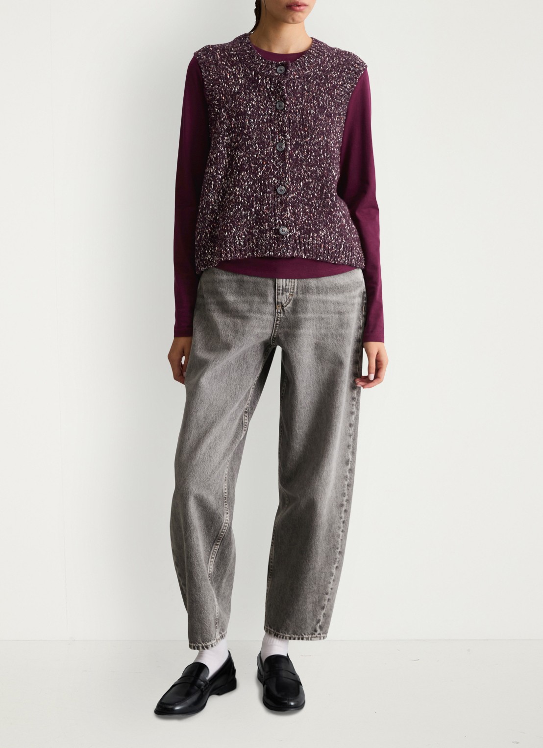 Marc O'Polo Denim Grofgebreid mouwloos vest in wolblend - voorkant 3 bordeauxrood