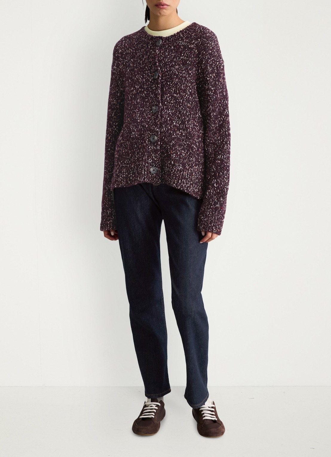 Marc O'Polo Denim Grofgebreid vest met gemêleerd dessin - voorkant 3 aubergine
