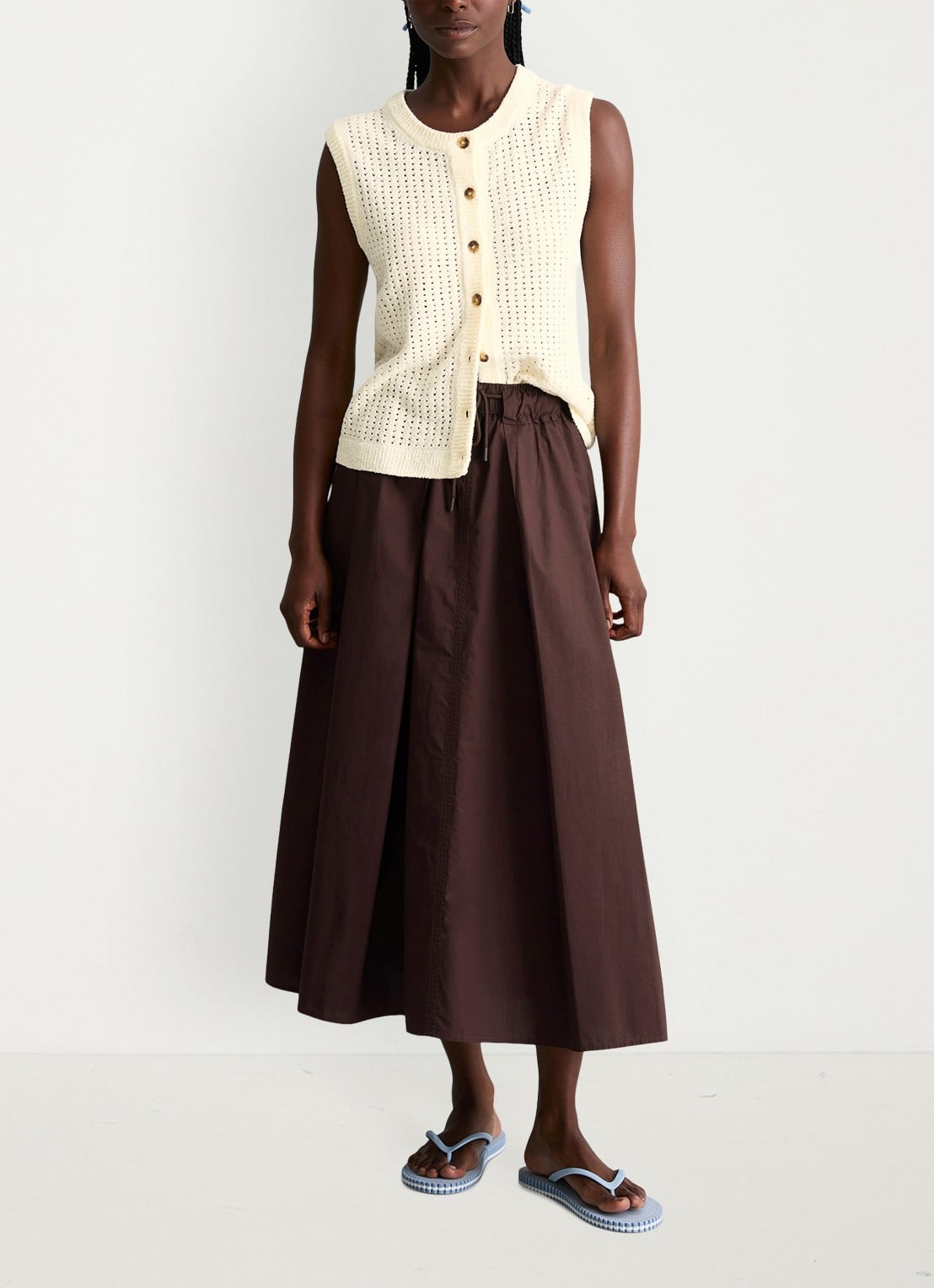 Marc O'Polo Denim Grofgebreid vest met opengewerkt dessin - voorkant 4 creamy white-1173 / wit