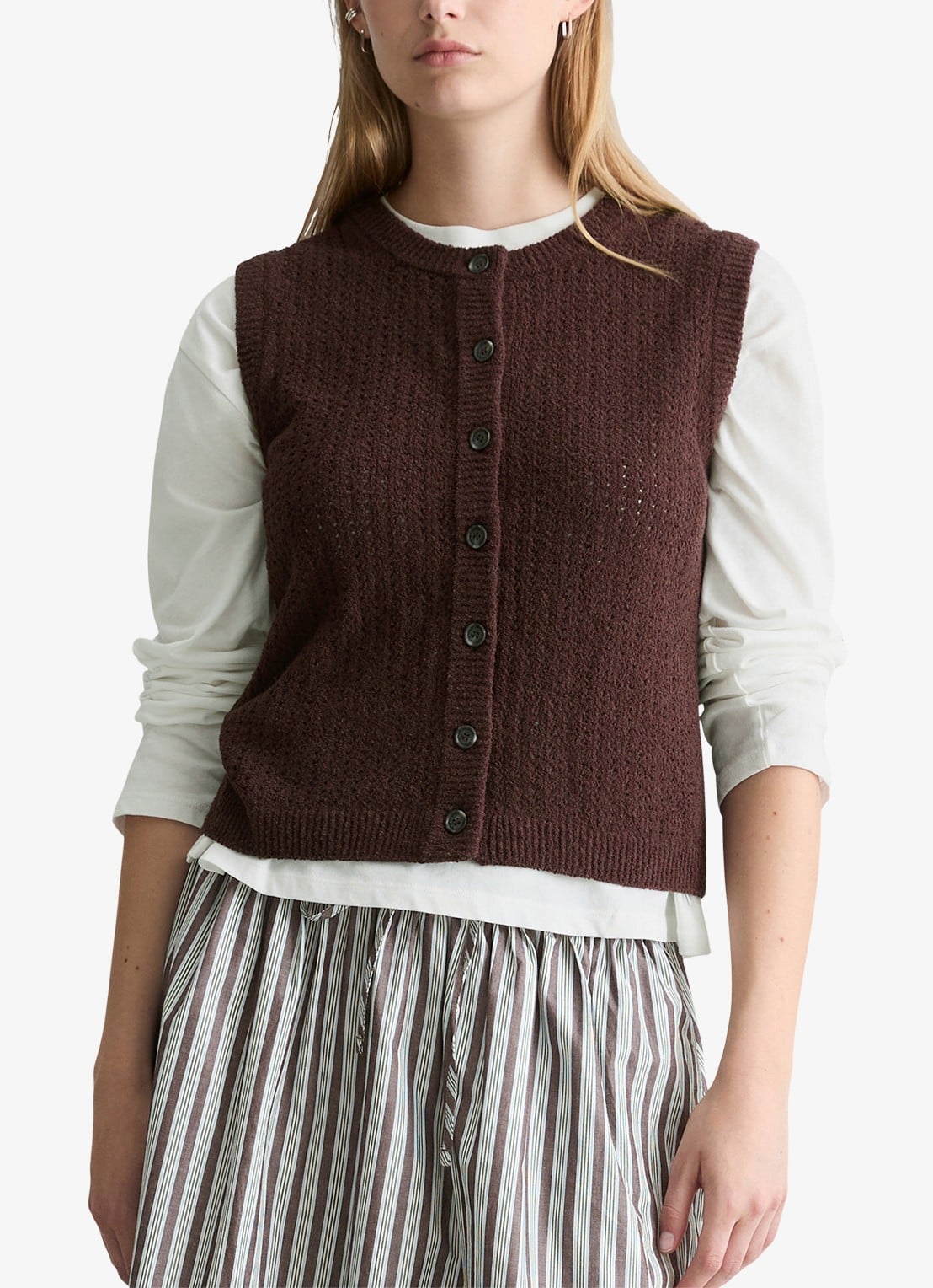 Marc O'Polo Denim Grofgebreid vest met opengewerkt dessin - detail burnt aubergine-6929 / paars