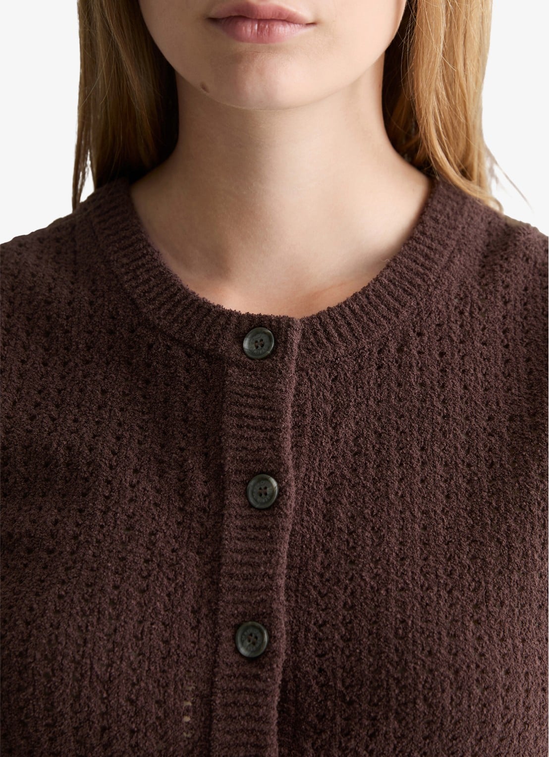 Marc O'Polo Denim Grofgebreid vest met opengewerkt dessin - detail 2 burnt aubergine-6929 / paars