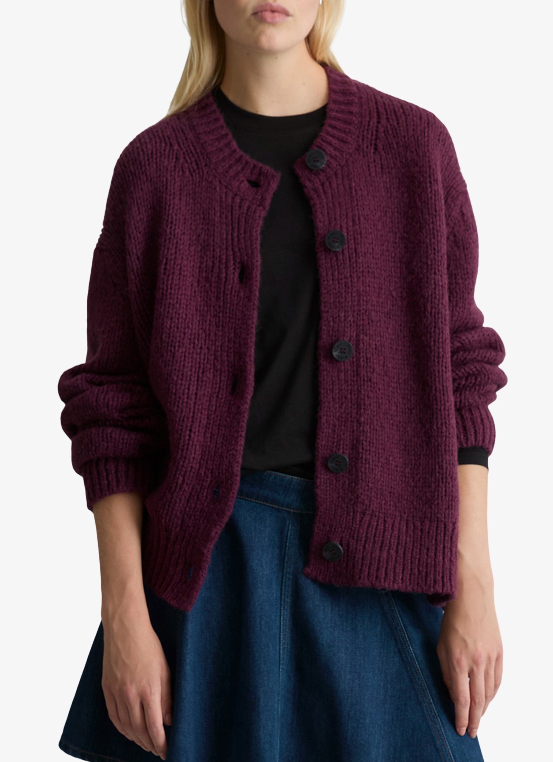 Marc O'Polo Denim Grofgebreid vest met ribstructuur - detail aubergine