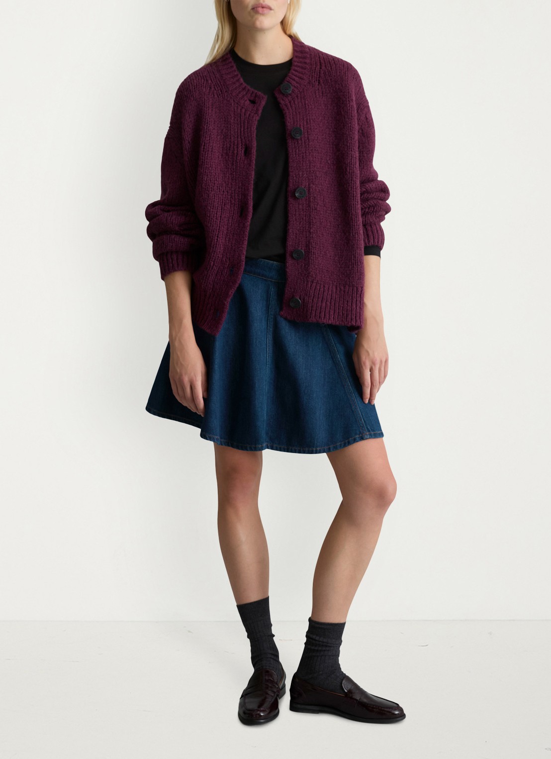 Marc O'Polo Denim Grofgebreid vest met ribstructuur - voorkant 5 aubergine