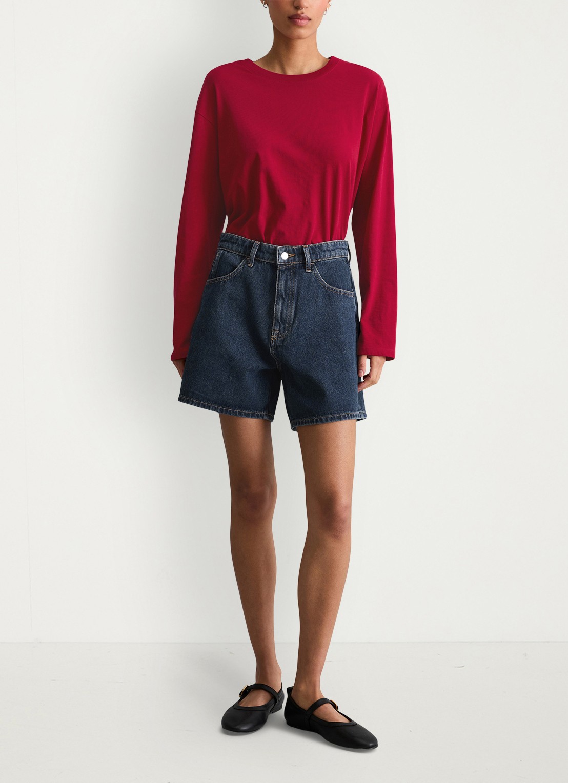 Marc O'Polo Denim High waist loose fit korte broek van denim - voorkant 5 donkerblauw