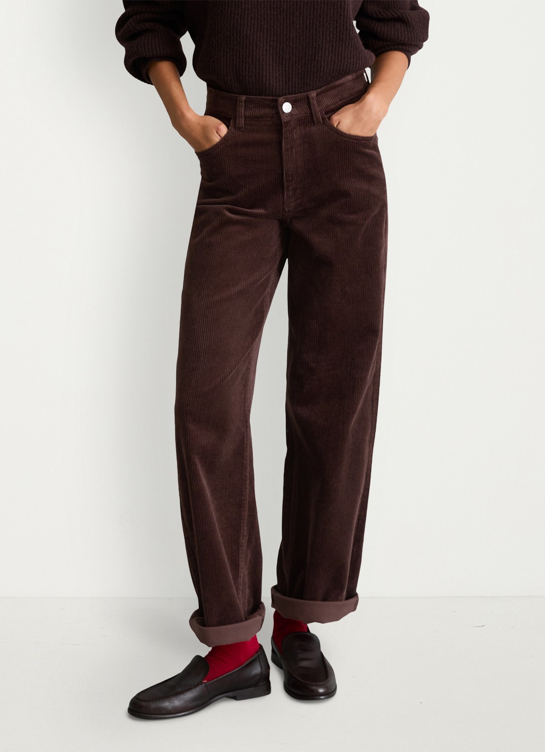 Marc O'Polo Denim High waist straight fit broek van corduroy - detail 4 donkerbruin