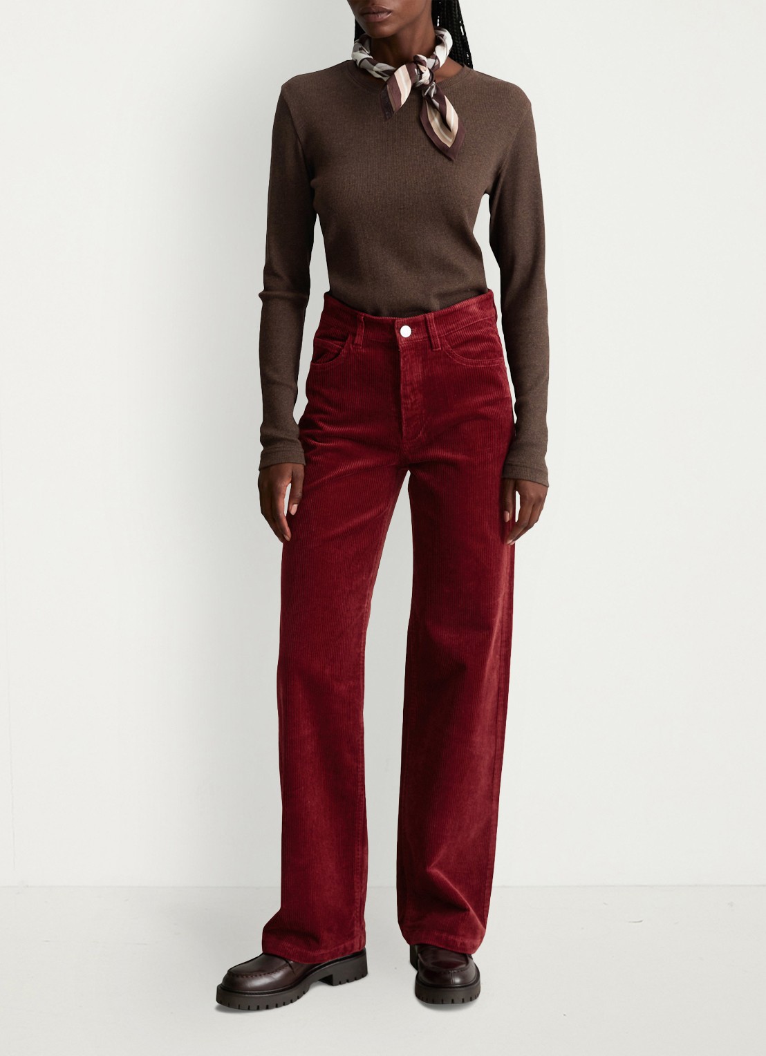 Marc O'Polo Denim High waist straight fit broek van corduroy - voorkant 3 donkerrood
