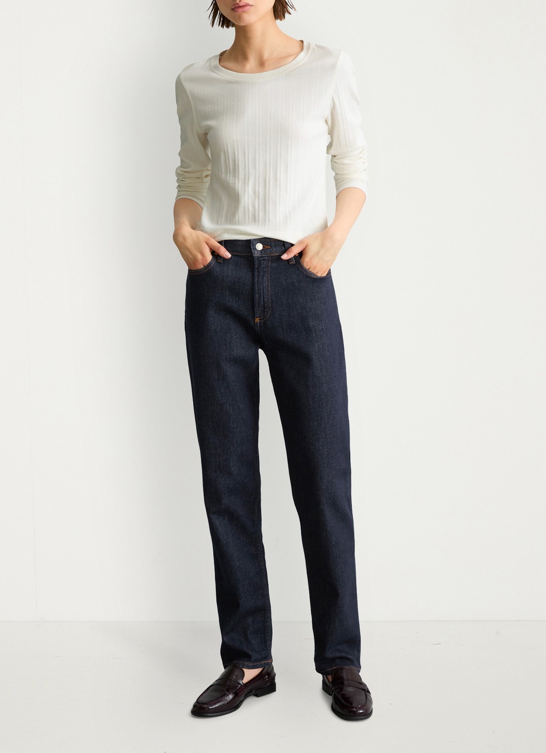 Marc O'Polo Denim High waist straight fit jeans met donkere wassing - voorkant 5 donkerblauw