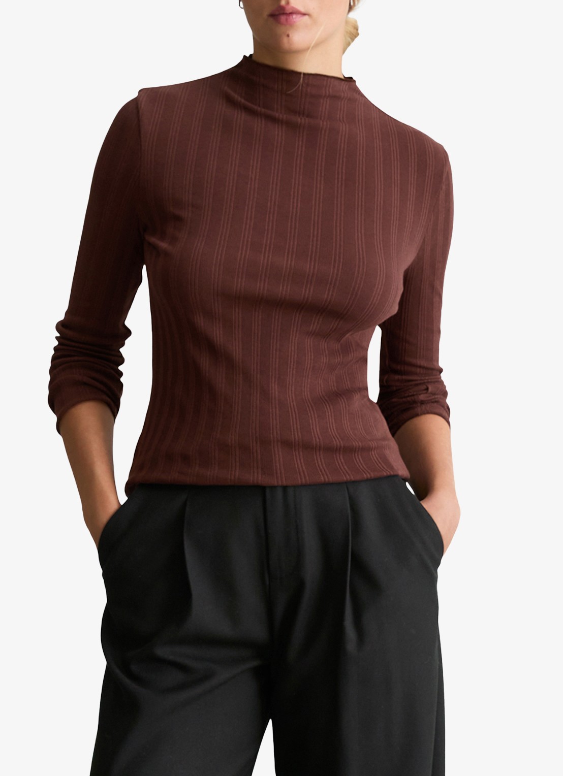 Marc O'Polo Denim Longsleeve met col  - detail 3 hazelnootbruin