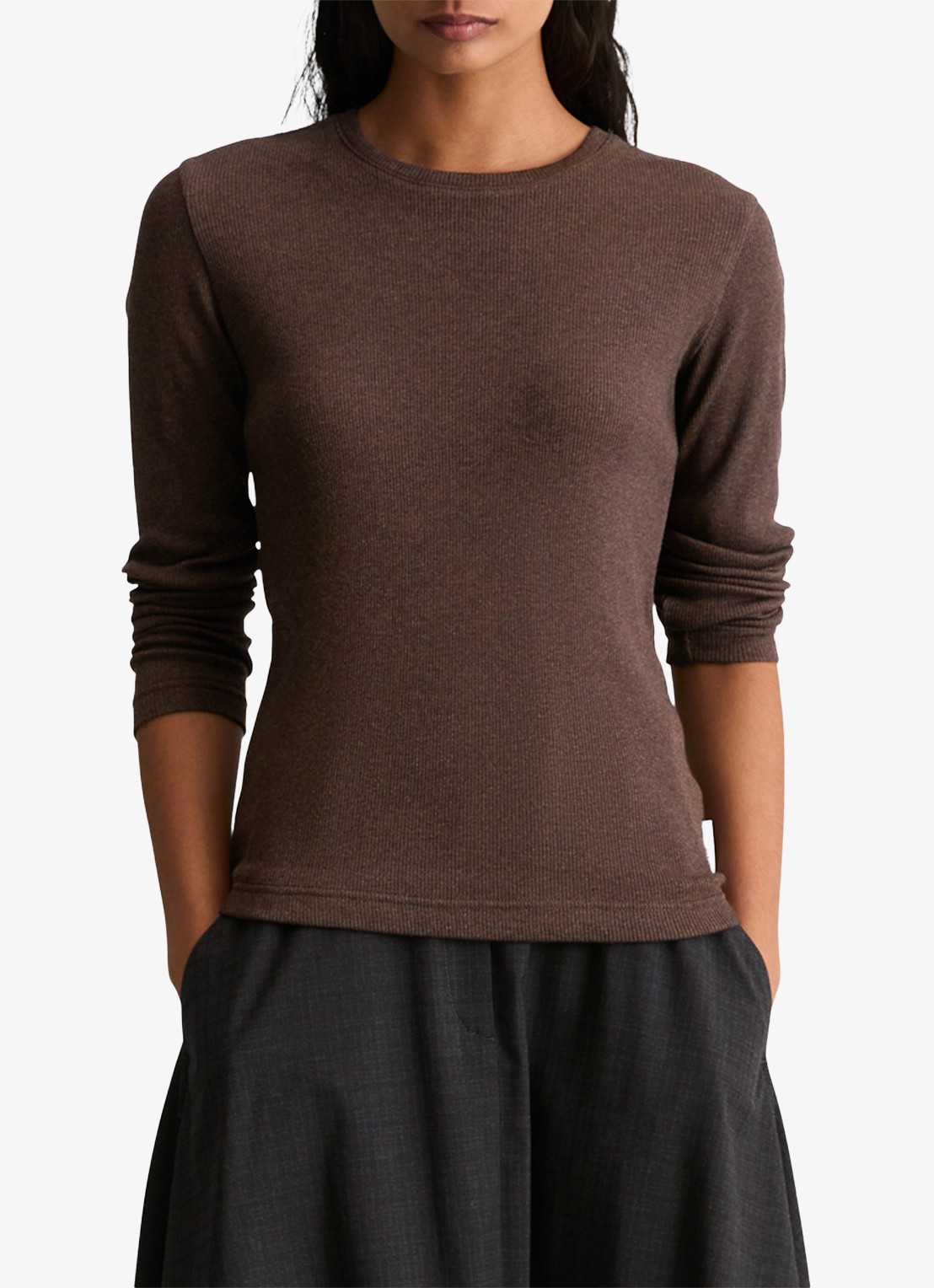 Marc O'Polo Denim Longsleeve met met ronde hals  - detail hazelnootbruin