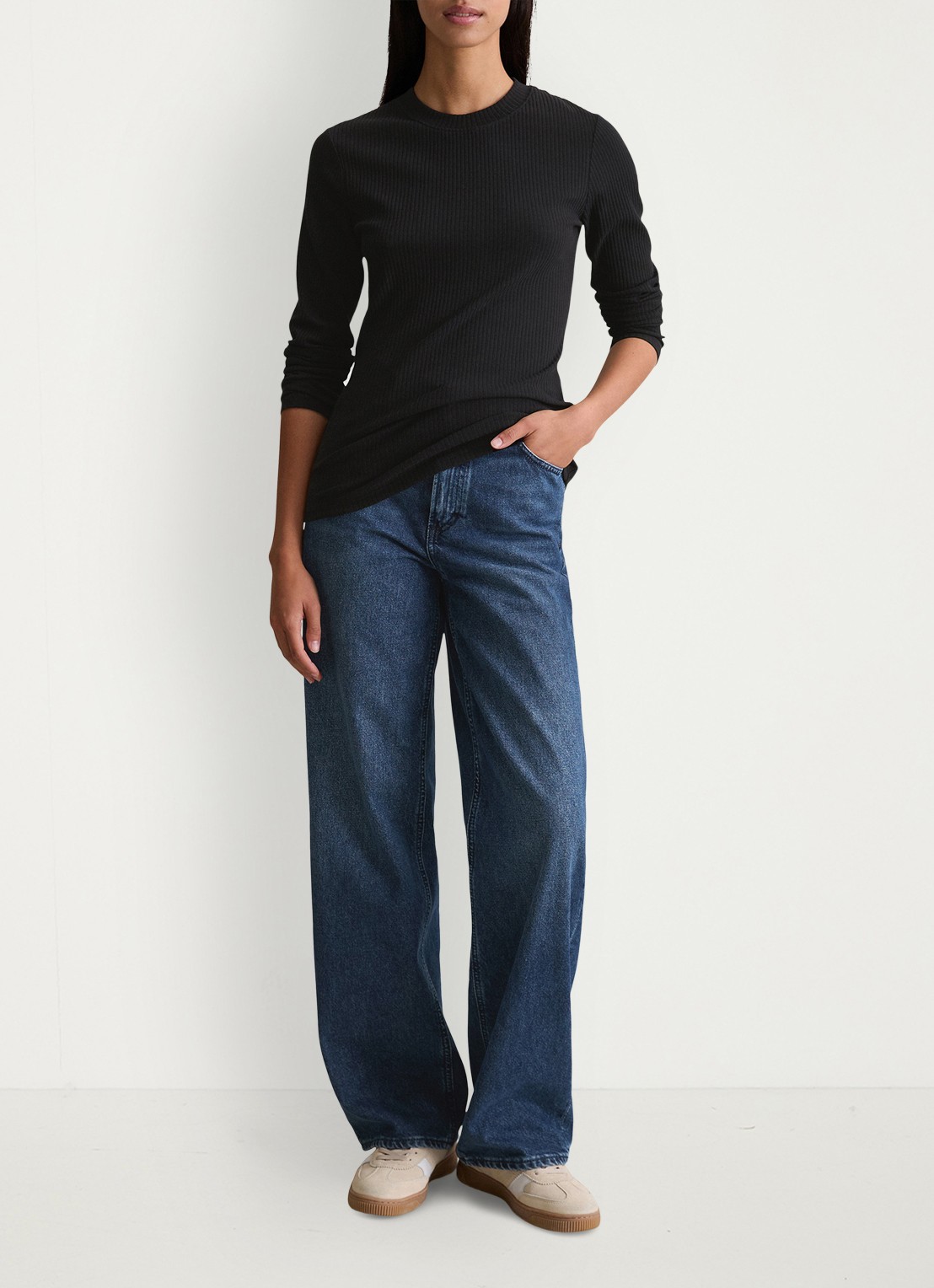 Marc O'Polo Denim Longsleeve met ribstructuur - voorkant 3 zwart