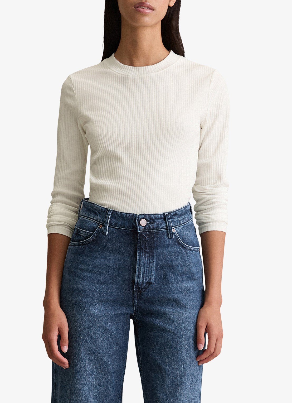 Marc O'Polo Denim Longsleeve met ribstructuur - detail 4 wit