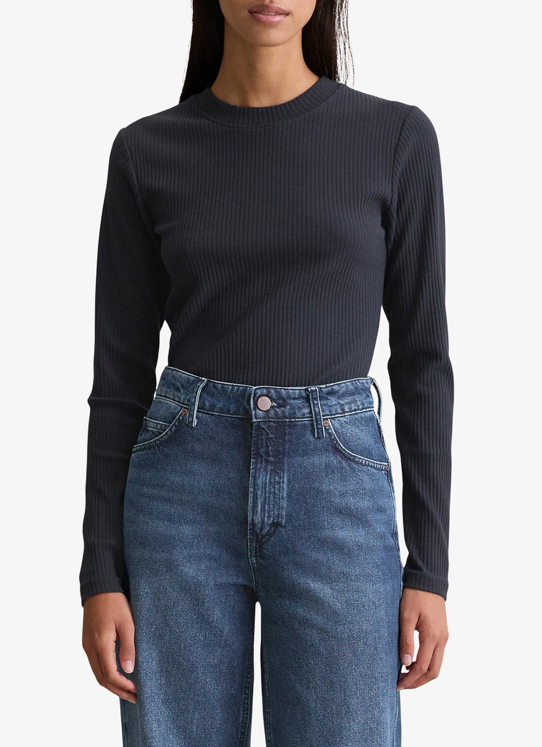 Marc O'Polo Denim Longsleeve met ribstructuur - detail 3 donkerblauw