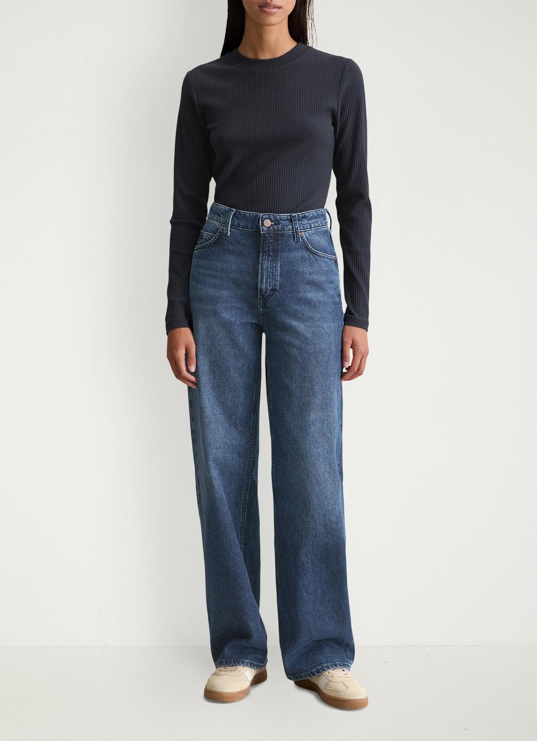 Marc O'Polo Denim Longsleeve met ribstructuur - voorkant 2 donkerblauw