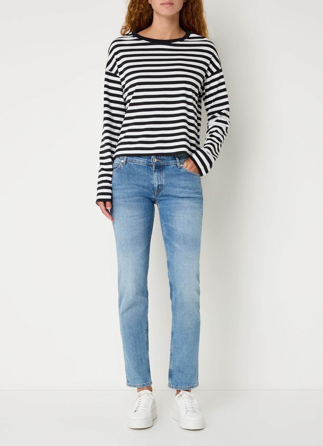 Marc O'Polo Denim Longsleeve van  katoen met streepprint - voorkant 4 zwart