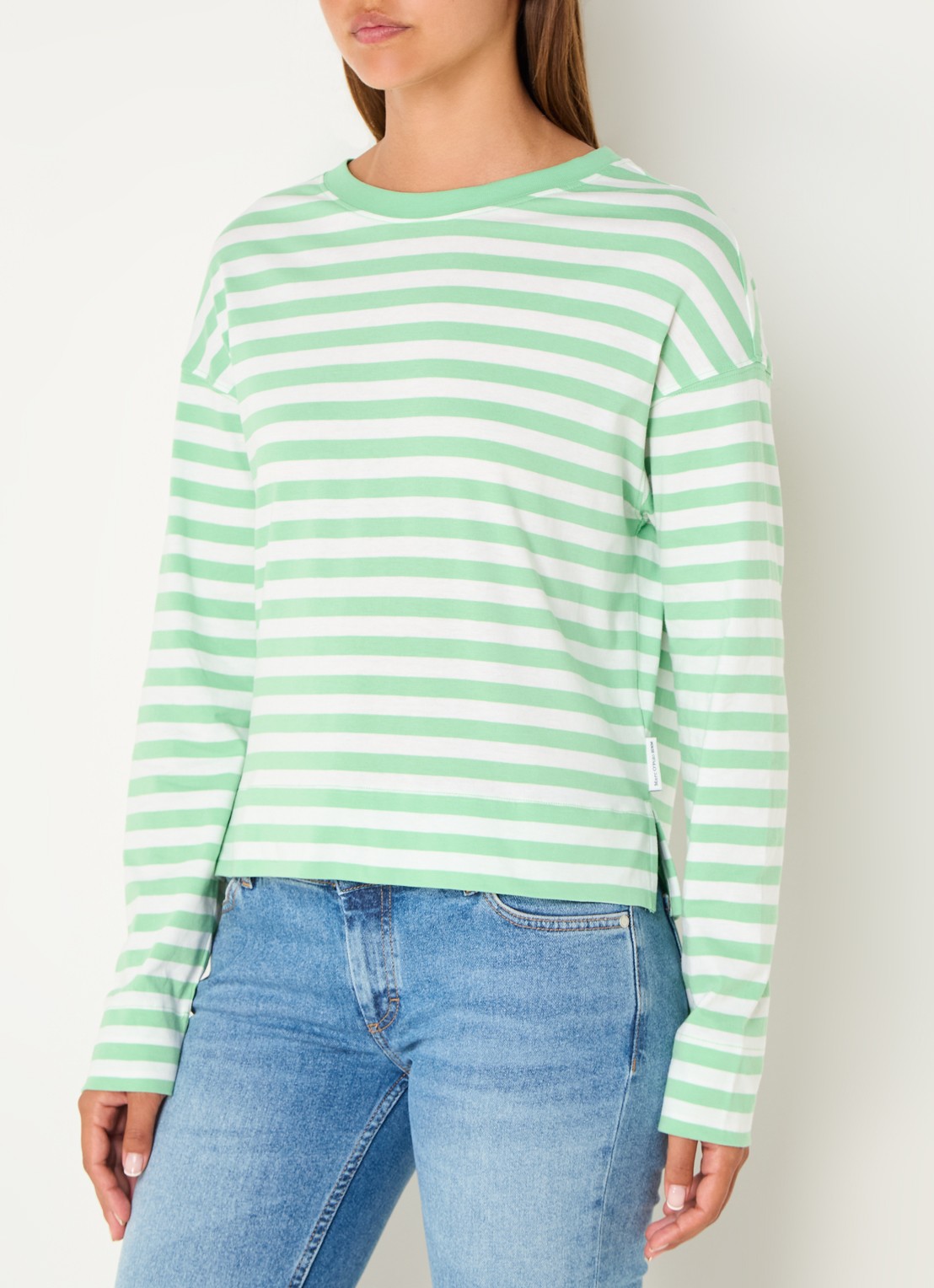 Marc O'Polo Denim Longsleeve van  katoen met streepprint - detail lichtgroen