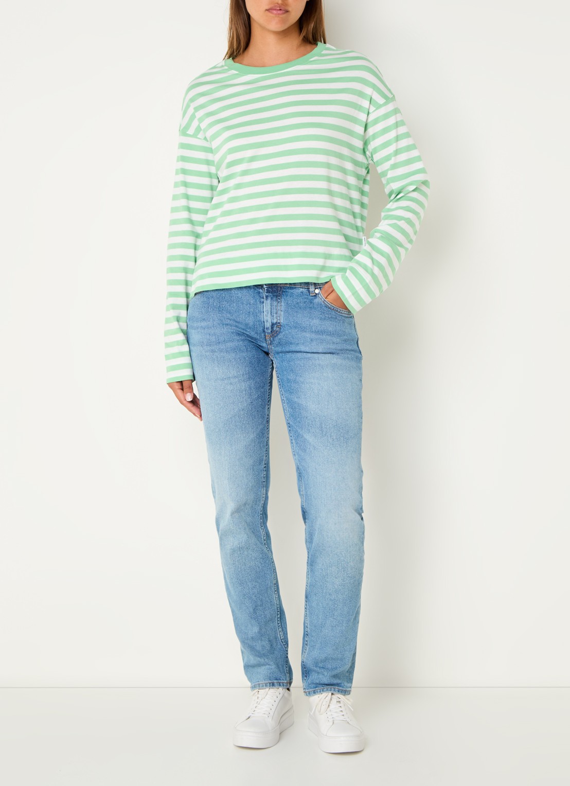 Marc O'Polo Denim Longsleeve van  katoen met streepprint - voorkant 8 lichtgroen