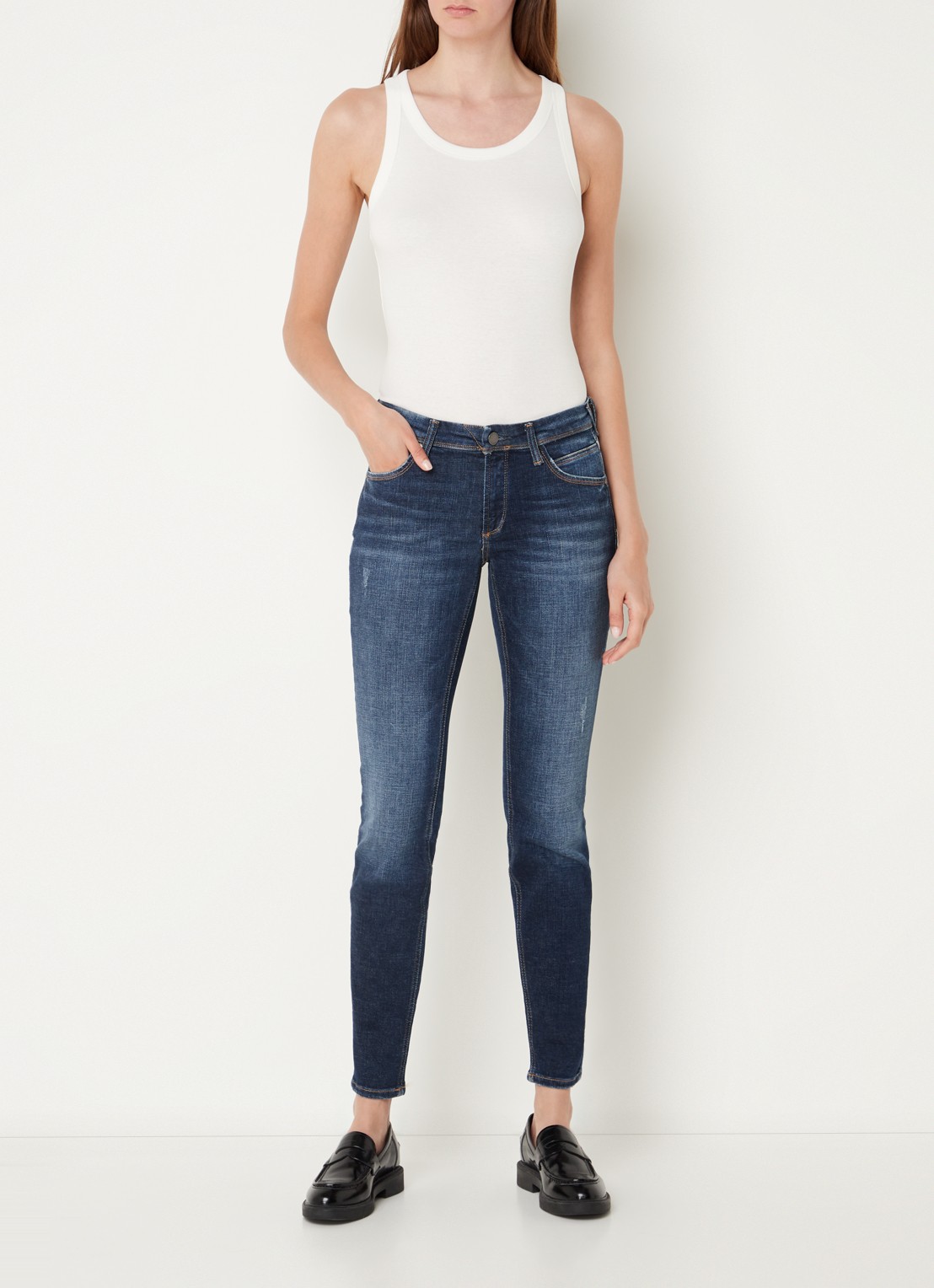 Marc O'Polo Denim Mid waist slim fit jeans met donkere wassing - voorkant 3 indigo