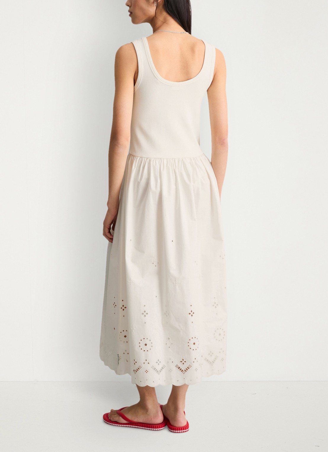 Marc O'Polo Denim Midi jurk met plooien en broderie - achterkant 5 silky white-1183 / wit