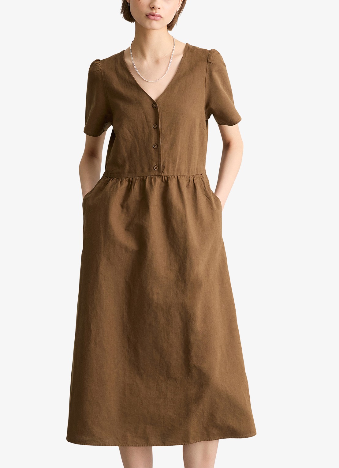 Marc O'Polo Denim Midi jurk met steekzakken - detail 3 umbra brown-1624 / bruin