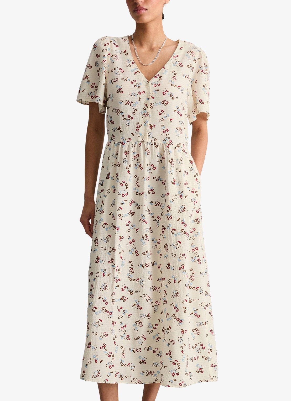 Marc O'Polo Denim Midi jurk van katoenblend met grafische print en V-hals - detail 2 offwhite multi 01-1257 / wit