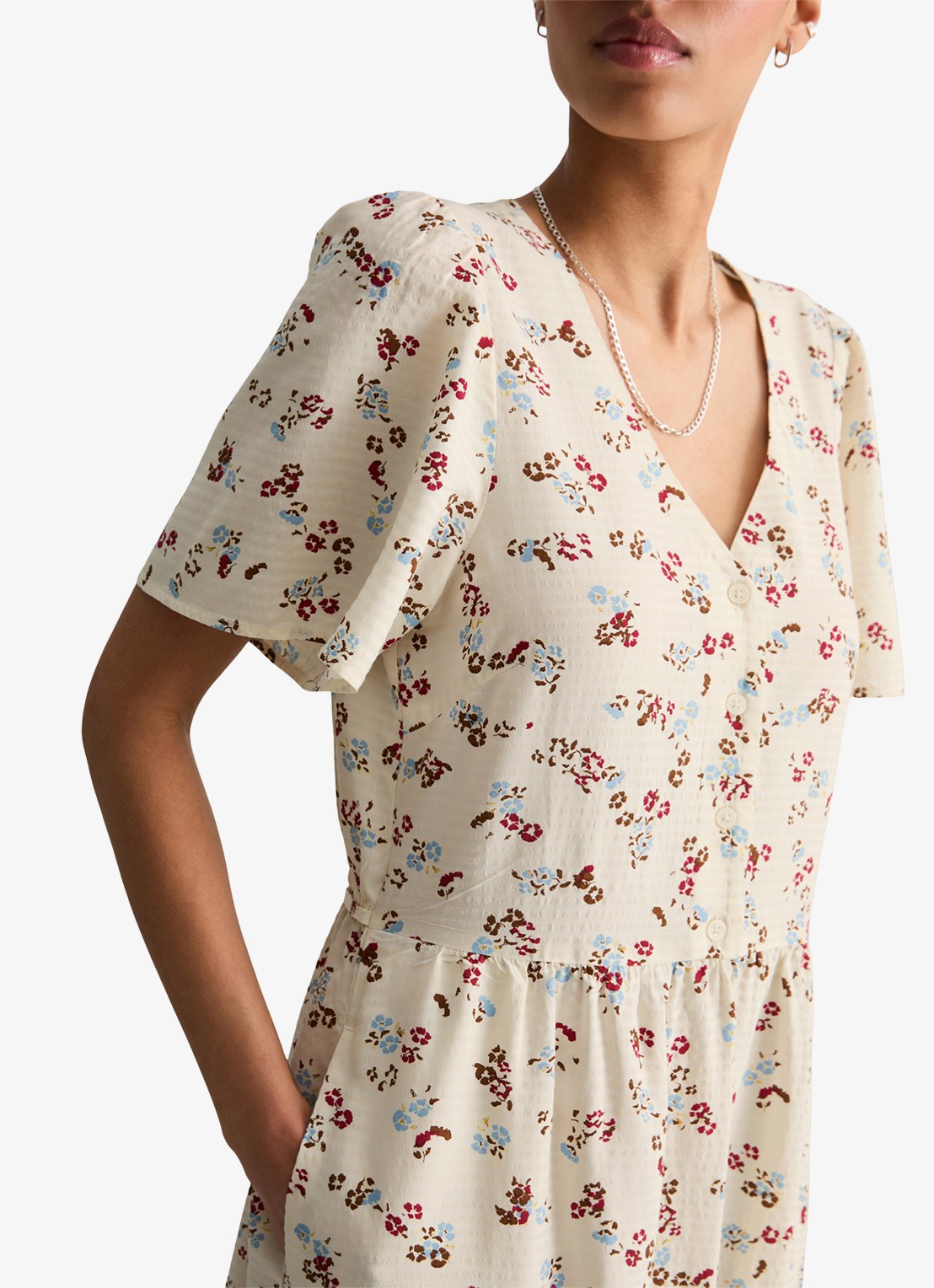 Marc O'Polo Denim Midi jurk van katoenblend met grafische print en V-hals - detail 3 offwhite multi 01-1257 / wit