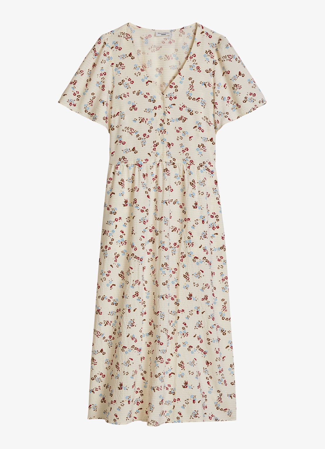 Marc O'Polo Denim Midi jurk van katoenblend met grafische print en V-hals - voorkant 4 offwhite multi 01-1257 / wit