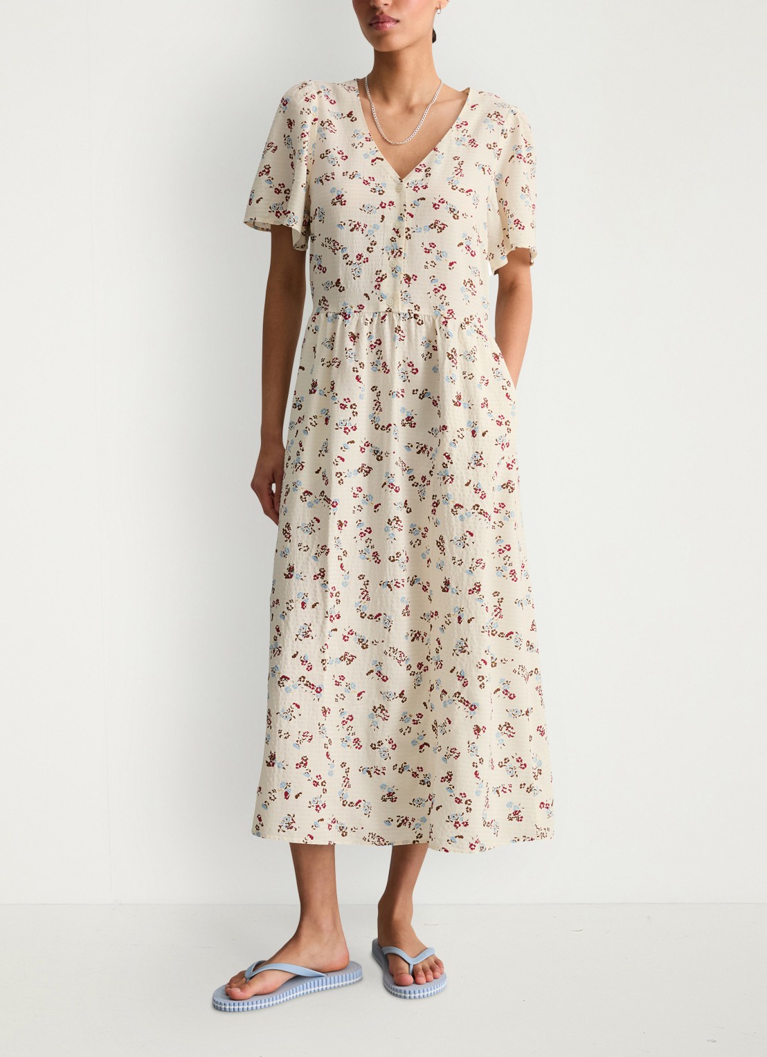 Marc O'Polo Denim Midi jurk van katoenblend met grafische print en V-hals - voorkant 5 offwhite multi 01-1257 / wit