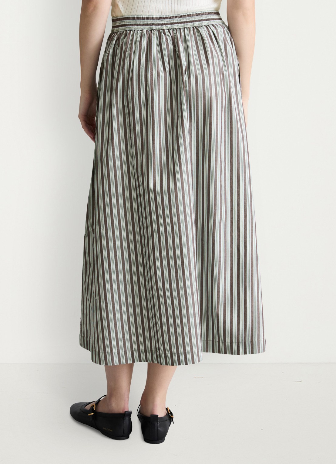 Marc O'Polo Denim Midi rok van katoen met streepprint en elastische band - achterkant 5 dark brown multi 02-1544 / bruin