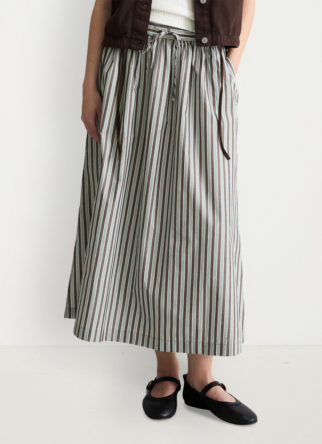 Marc O'Polo Denim Midi rok van katoen met streepprint en elastische band - detail dark brown multi 02-1544 / bruin