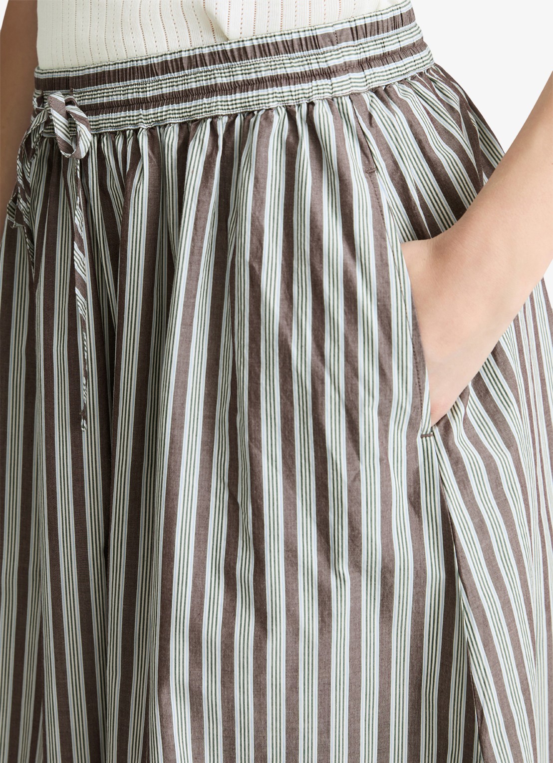 Marc O'Polo Denim Midi rok van katoen met streepprint en elastische band - detail 2 dark brown multi 02-1544 / bruin